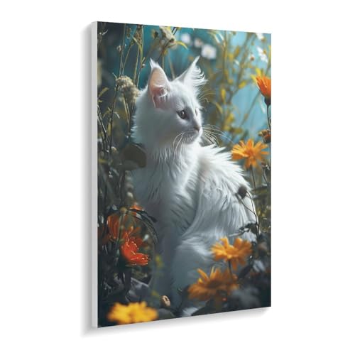 数字油絵 ラッセン 花に囲まれた白い子猫 デジタル油絵 数字キットによる絵画 DIY絵 手塗り 動物イラストアート かわいい面白い動物 数字キット塗り絵 壁飾り ホーム オフィス装飾 数字塗り絵 手工芸 初心者 大人 子供 贈り物 45×60cm