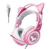 SOMIC Auriculares para juegos Pink Cat con luz virtual y LED 7.1, sonido envolvente, auriculares con micrófono con cancelación de ruido para computadora, PS4, computadora portátil para niñas, mujer