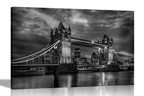 Black and White Tower Bridge Canvas Prints Wall Art Pictures Framed City Photos Hanging Sretched Artwork for Office Home Decor 60 x 40cm (24 x 16 inches) A2