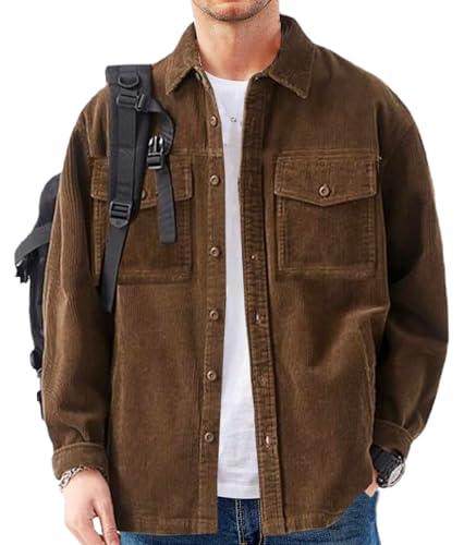 Men's Corduroy Button Down Shirts Long Sleeve Casual Shacket Jacket Western Corduroy Shirt Jacket with Flap Pockets