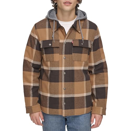 Image of Levi's mens Plaid Sherpa Lined Hooded Shirt Jacket (Regular & Big & Tall Sizes)