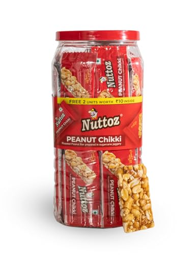 Image of Nuttoz Peanut Chikki JAR | Made with Jaggery | Gajak | Traditional Indian Sweet | Protein Rich Snack | Nutritious Energy Bar | Gazak (50 Bars, 15 Gm Each - 750gm)