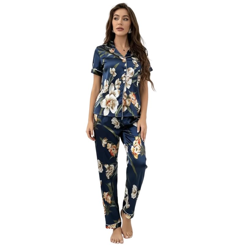 Image of Night Suit for Women with Full Sleeve Button-Down Top with Pant Dress for Woman, Cotton Night Dress for Woman, Two-Piece Loungewear Set