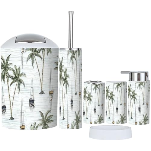 Bathroom Accessory Set 6 Piece Beautiful Botanical Coconut Palm Trees Sailboat Toothbrush Holder, Toothbrush Cup, Soap Dispenser, Soap Dish, Toilet Brush Holder, Trash can for Countertop