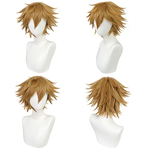 Anogol Wig Cap+ Brown Cosplay Wig Short Layered Wavy Wigs Boy For Costume Party Wig For Halloween #TOP3