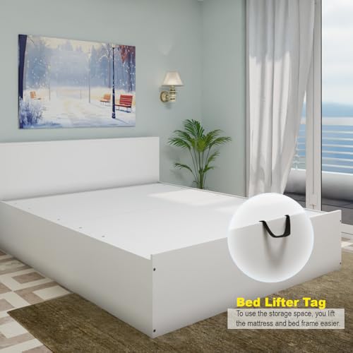 Image of VIKI Hydraulic Queen Size Bed with Storage (78x60) | Engineered Wood Hydraulic Lift Wooden Bed Frame for Bedroom | Modern Storage Cot | Frosty White Finish | Free Assembly | 1 Year Warranty