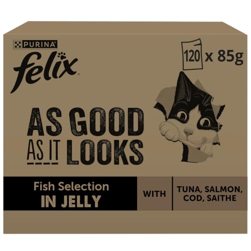 FELIX So gut wie es aussieht Nassfutter für Katzen Geschmacksvielfalt aus dem Wasser Vorteilspack, 120 praktische Portionsbeutel, zarte Stückchen in Gelee, 4 leckere Sorten, 100% vollständige