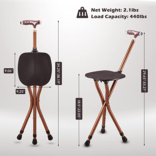 Haddockway Walking Cane with Seat Portable Crutch Chair with LED Light Durable Folding Cane Chair Walking Stick Lightweight Outdoor Rest Cane with Adjustable Height for Elderly Senior, Brown