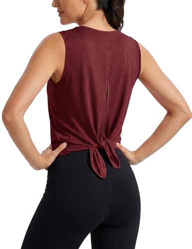 Image of MAGCOMSEN Workout Tank Tops Woman Summer Open Back Yoga Athletic Shirts Sleeveless Tie Back Loose Fit Gym Muscle Tank