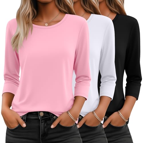 Ficerd 3 Pack 3/4 Sleeve Tops for Women Round Neck Dressy Basics Tees Casual Trendy Loose Fit T Shirts(Black, Light Pink, White,Small)