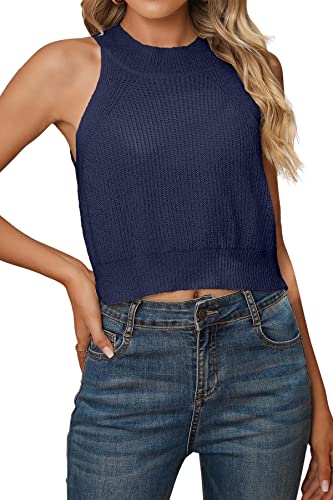 Witsmile High Neck Crop Tank Tops For Women Girl’s Halter Neck Sweater Vest Sleeveless Mock Neck Top For Jeans(Navy Blue, S) #TOP13