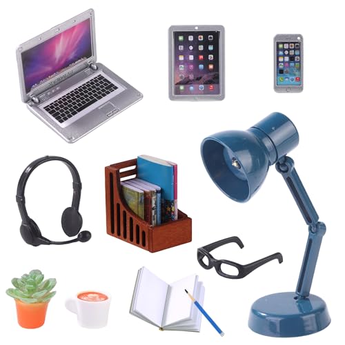 DIYDEC 17pcs Dollhouse Laptop Accessories 1:12 Scale Miniature Laptop Computer Tablet Phone Book Coffee Headset Pen Tiny Stuff Doll House Miniatures Play Figurines Accessories