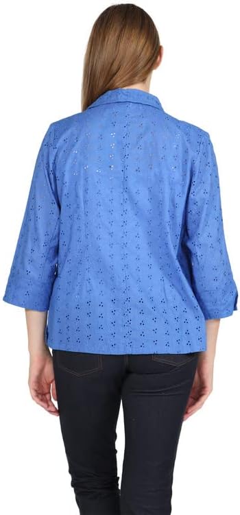 LA CERA Women's Embroidered Eyelet Jacket- 3/4 Sleeves, Collared with 2 Front Snap Buttons, 100% Cotton