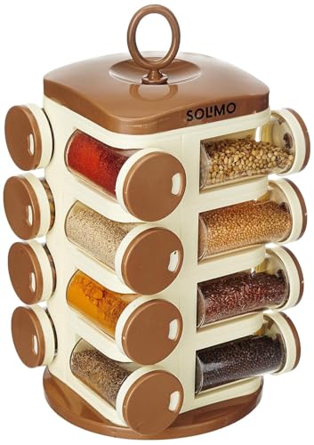 Amazon Solimo Plastic Revolving Spice Rack Set of 16 Pieces | Standard Size | Pull Out Shelf | Tabletop | Light Brown (S...