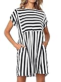 Aline Dress with Pockets Women Black and White Striped Summer Vacation Beach Short Dresses,Black,L