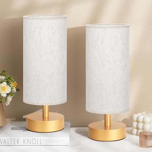 Image of Table Lamps Set of 2 (Cream Shade- Gold Base, 11.6 inch Inline Control) | Bulb not Included | Small Lamps for Bedroom | Desk Lamp for Reading | for Living Room | for Dorm | Linen Fabric Shade