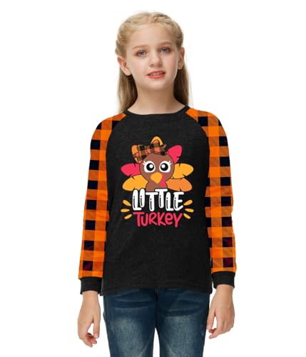 Image of Remimi Girls Thanksgiving Shirts Buffalo Plaid Raglan Tee Cute Turkey Holiday Party Long Sleeve Tshirt 5-14 Years