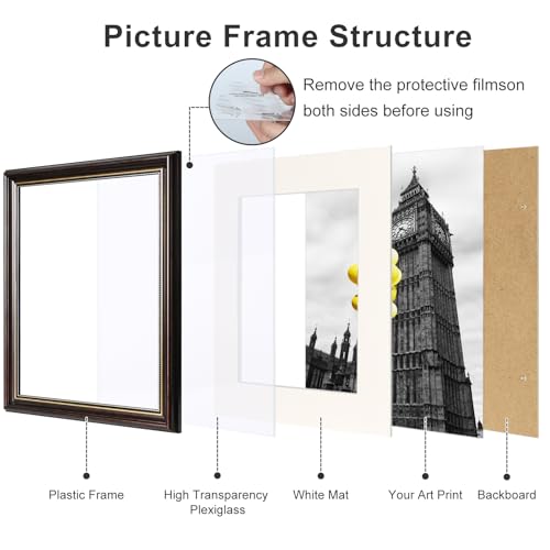Image of 11x14 Vintage Picture Frames,Antique Picture Frame with White Mat for 8x10 Picture,1 Pack Ornate Picture Frame for Wall Decor,Brown