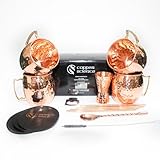 Copper Science Pure Handcrafted Copper Cups – Moscow Mule Cups Set of 4 with Straws, Shot Glass, Coasters, Stirrer, Bottle Opener – Moscow Mule Mugs for Home Bar, Kitchen Accessories