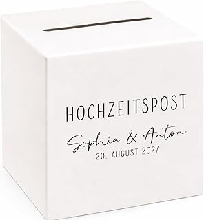 Personalisierte Geldgeschenk Box Hochzeit – HOCHZEITSPOST Kuvertbox & Briefbox für Geldgeschenke – Creme & Schwarz mit Namen & Datum – Geschenkbox Kartenbox Hochzeit 24x24x24 cm