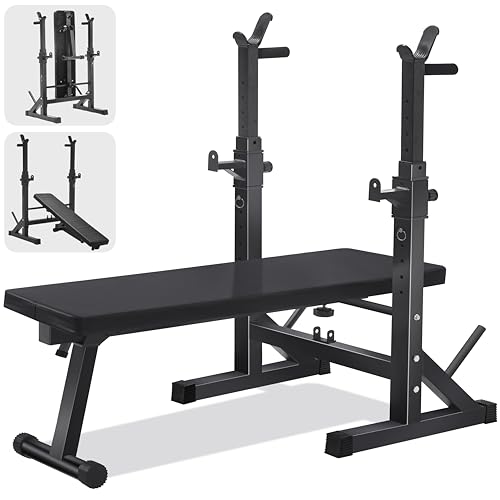 FK Sports Weight Bench With Barbell Rack & Dip Station - 6 Adjustable Levels, 200KG Heavy Duty Gym Bench, Foldable Workout Bench for Bench Press & Sit up, Multi Use Exercise Benches Home Gym Equipment
