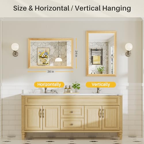 Image of 24x36 Inch Bathroom Mirror for Wall, Anti-Rust Oak Wood Grain Metal Framed Bathroom Mirrors for Over Sink,Rectangler Mirrors for Bathroom Vanity, Farmhouse, Bedroom, Living Room, Entryway Decor