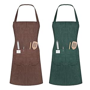 Vicloon Grembiule da Cucina Chef, 2 Pezzi Grembiule Cucina Donna Regolabile Grembiuli con 2 Tasche, Grembiule da Ristorante Grembiule da Ristorante BBQ Bar Chef Cucina, Unisex, Marrone e Verde