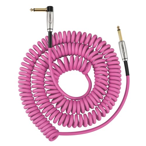 Augioth Coil Guitar Cable 30ft, Curly Electric Instrument Guitar Bass Cord AMP Lead 1/4 Straight to Angled Pink