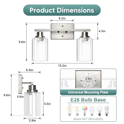 Image of Ascher Bathroom Light Fixtures, 2-Light Vanity Light Over Mirror, Brushed Nickel Wall Sconces with Clear Glass Shades, Wall Lamp for Living Room Bedroom, E26 Base(Bulbs Not Included)