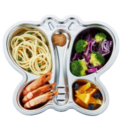 Image of Happy Hues Stainless Steel Divided Meal Plate Tray-3 Compartments Dinner Dish for Baby (Butterfly 02)