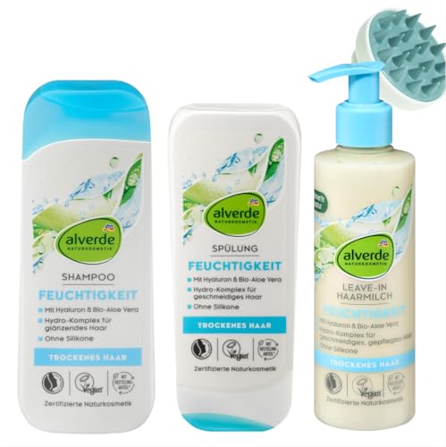 Feuchtigkeit Haarpflege-Set Aloe Vera & Hyaluron - Shampoo + Conditioner + Haarmilch & Bonus Kopfhaâ€¦ – Miniatur
