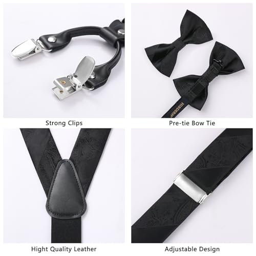 Image of HISDERN Suspenders for Men Paisley Floral Bow tie Suspender Pocket Square Sets Adjustable Y Shape 6 Clips Wedding Braces