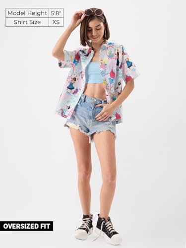 Image of The Souled Store Official Disney 100: Classic Women and Girls Short Sleeves Collared Neck Button Front White All Over Printed Casual Summer Ready Easy to Style Cotton Boyfriend Shirts