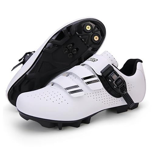 Treer Cycling Shoes Mens Womens, 2024 Mountain Bikes Shoes with SPD Cleats Unisex Cycle Shoes Road Bikes Shoes for Men Lady Spin Bike Shoes for Outdoor Indoor 5 UK to 10 UK White Black