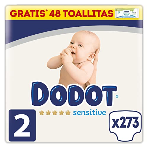 Dodot Pañales Bebé Sensitive Talla 2 (4-8 kg), 273 Pañales + 1 Pack de 48 Toallitas Gratis Aqua Plastic Free, Óptima Protección de la Piel de Dodot, Pack Mensual