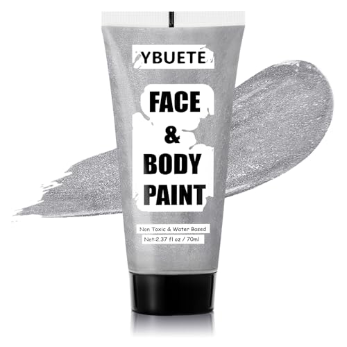 YBUETE Sliver Water Based Face Body Paint 2.37 OZ Large Tube Full Coverage Face Paint for Skull Goth Cosplay Washable Metallic Silver Body Painting Cream for Adult Carnival Halloween SFX Makeup