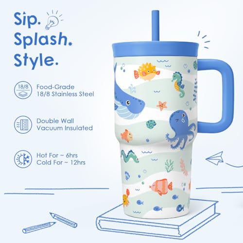 SANDJEST Sea Animals Stainless Steel Tumbler 20oz with Handle and Silicone Straw Locking Lid for Kids Boys Girls, Birthday Christmas Back to School by SANDJEST - Used condition - Image 4