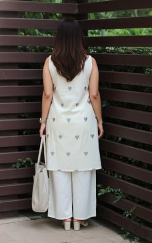 Image of ANNI Designer Kurta Set for Women Cotton Blend Embroidered | Kurti Set for Woman | Farshi Salwar Suit Kurta Palazzo Outfit | Round Neck V Slit Sleeveless Regular Fit Ethnic Dress Stylish Clothing