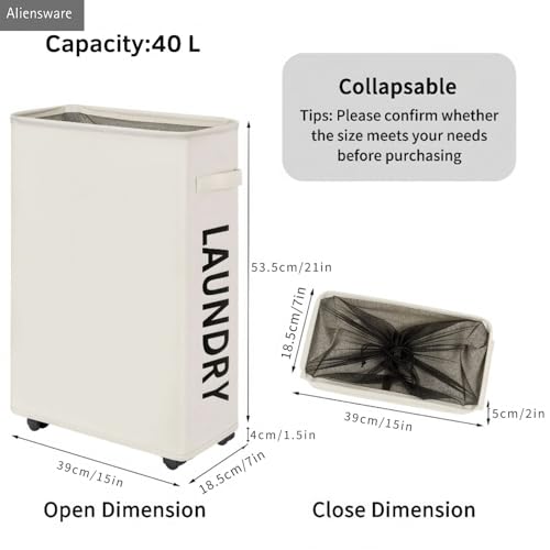 Image of Aliensware Laundry Basket Foldable with Wheels & Side Handle, Washing Clothes Storage Basket, Oxford Cloth Bin, Organizer, Movable Solution, Portable Laundry Bag, Collapsible Hamper,Aliens-Beige