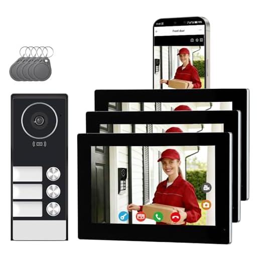 Honmidatek Video Türsprechanlage für 3 Familienhaus, 2-Draht,3X 7 Zoll Monitor & App - Smarte Video Türklingel mit Kamera & Gegensprechanlage, RFID, 2-Wege-Audio KW08-IP7-3F