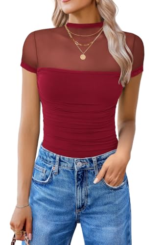 Image of Avidlove Women's Short Sleeve Bodysuit Turtle Neck Body Suits Mesh One Piece Leotard Going Out Tops Date Outfits