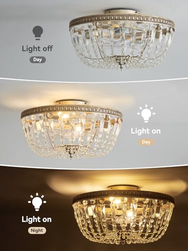 Image of 20 inch Flush Mount Fandelier Ceiling Fan with Light, Crystal Gold Fandelier Ceiling Fan with Light Remote Control, Vintage French Country Caged with 6 Speeds for Bedroom, Living Room, Foyer, Nursery