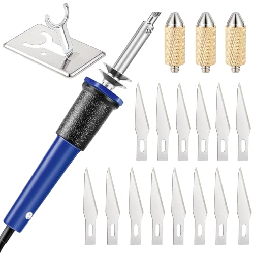 Honoson 19 Pieces Electric Hot Knife Cutter Tool Multipurpose Hot Knife Stencil Cutter with Metal Stand 14 Blades 3 Chuck Sleeves for Cutting Carving(Blue)