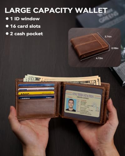 Image of Swallowmall Mens Wallet Rfid Blocking Leather Wallet for Men Bifold Wallets with 1 ID Window 16 Card Slot Brown