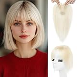 REECHO Hair Toppers for Women Real Human Hair, Seamless Human Hair Toppers with Bangs, 360° 3D Cover Clip in Bangs Hair Extensions for Daily Wear, White Blonde