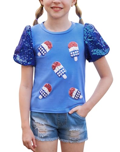 BesserBay Girls 4th of July Sequins Stars Shirt Stripes Puff Short Sleeves Top Shiny Crew Neck Blouse 6-14 Years
