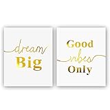 sanrx Good Vibes Only—Dream Big Gold Foil Print, Office Inspirational Quote Cardstock Art Print Poster Motivational Home Wall Art (8 X 10 inch, Set of 2, UNframed)
