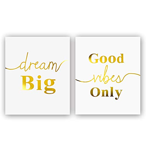 sanrx Good Vibes Only—Dream Big Gold Foil Print, Office Inspirational Quote Cardstock Art Print Poster Motivational Home Wall Art (8 X 10 inch, Set of 2, UNframed)