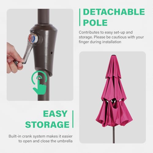 Image of JEAREY 9FT 3 Tier Patio Umbrella Outdoor Market Umbrella Table Umbrellas with 8 Ribs 1.5 Pole Push Button Tilt and Crank UV Protection for Garden,Backyard,Pink