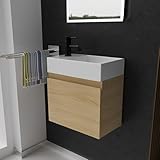 ensemble meuble lavabo miroir Contenu de la livraison : lavabo avec meuble bas de 45 cm de large, couleur chêne clair. Lavabo droit avec trou de robinetterie - Petite armoire - Livré sans robinetterie